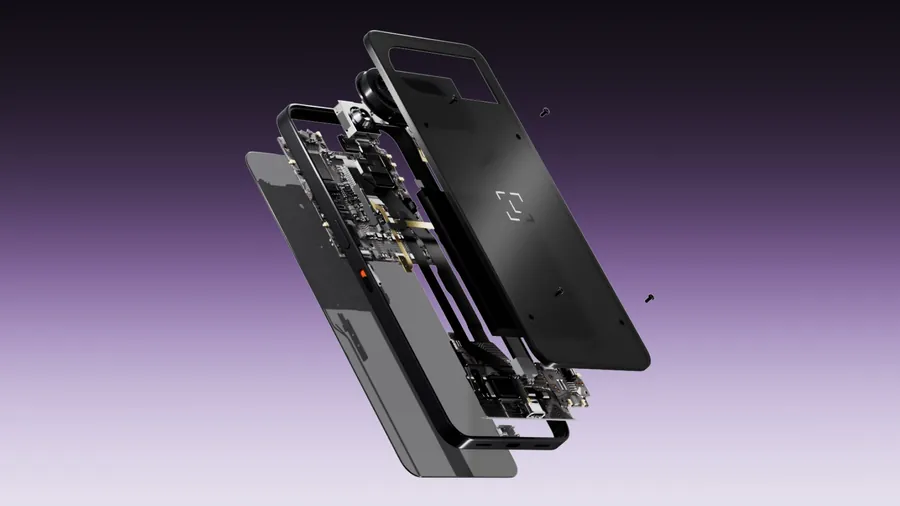 Exploded view of the Ledger Atom with its housing, circuit board and screen layers floating apart
