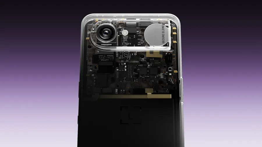 Ledger Atom with a transparent back showing the camera module and electronics